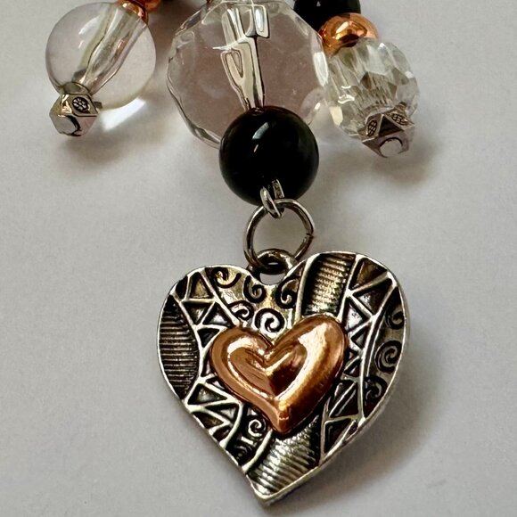Necklace handmade 3 tier dangle silver heart copper black clear glass OOAK - Picture 3 of 6